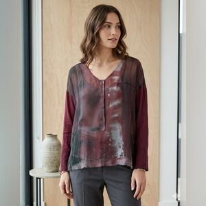 GO BY GO SILK Burgundy and Black Long Sleeve Blouse